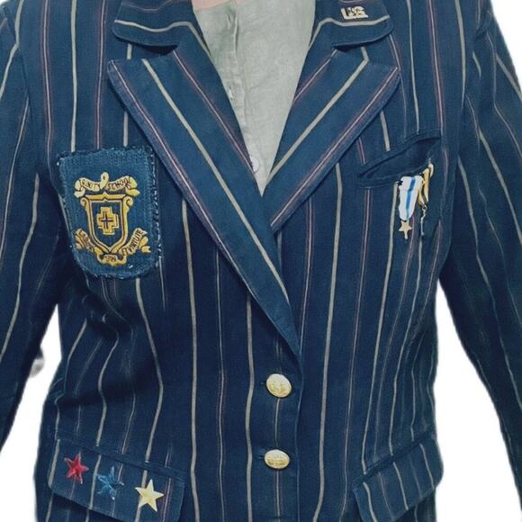 Women Vintage Custom Military Blazer  Reworked one of one Navy w-pinstripes gold - Picture 6 of 15